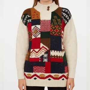 VTG Patchwork Chunky Knit Wool Blend Collared Multicolor Funky Women’s Sweater M